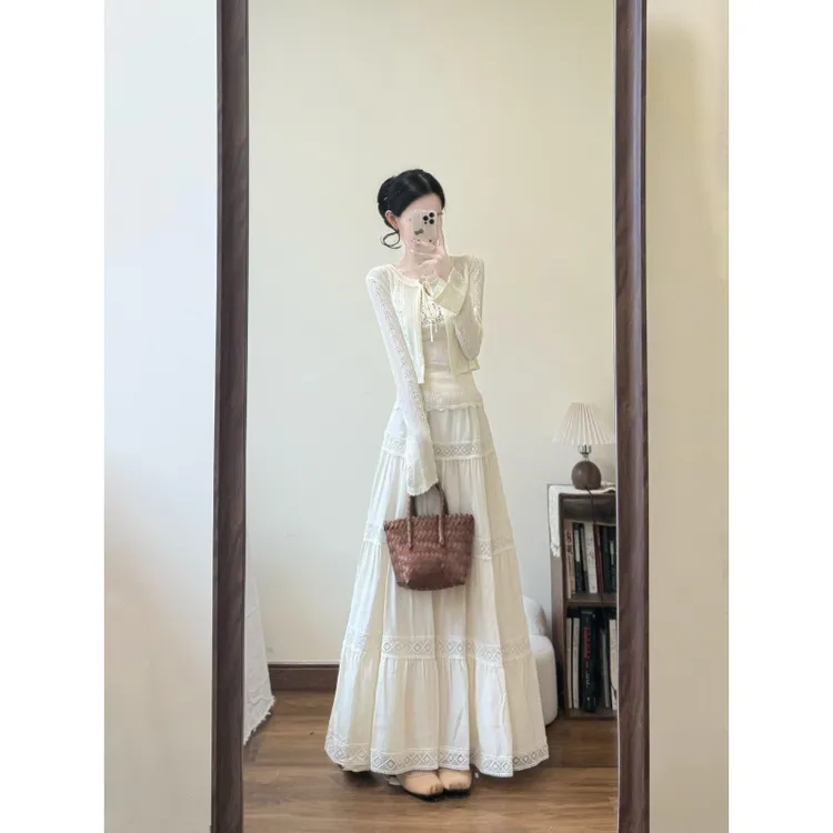 MARIE.COCO法式小众设计感镂空三件套别致吊带系带开衫气质半身裙