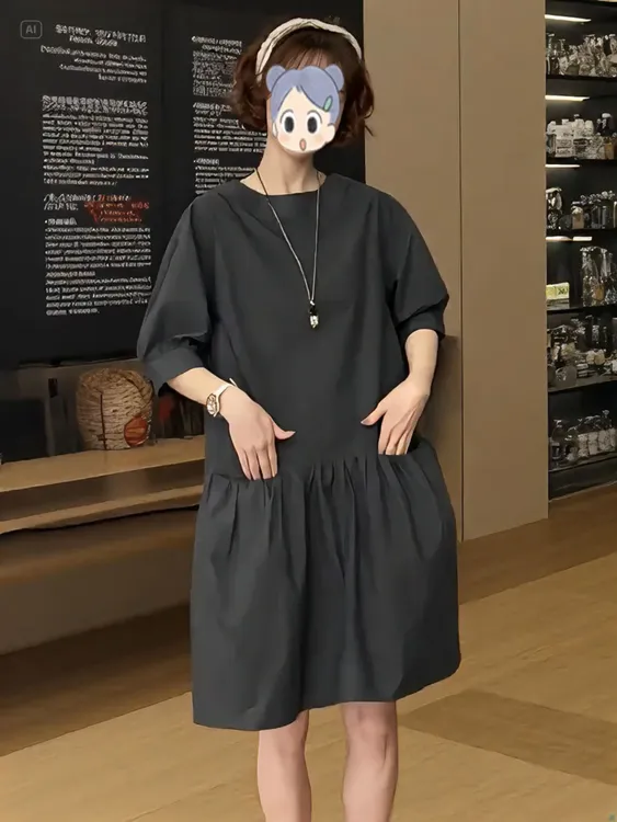 梨形身材高级感穿搭黑色连衣裙女夏季新款设计感宽松显瘦短袖中裙