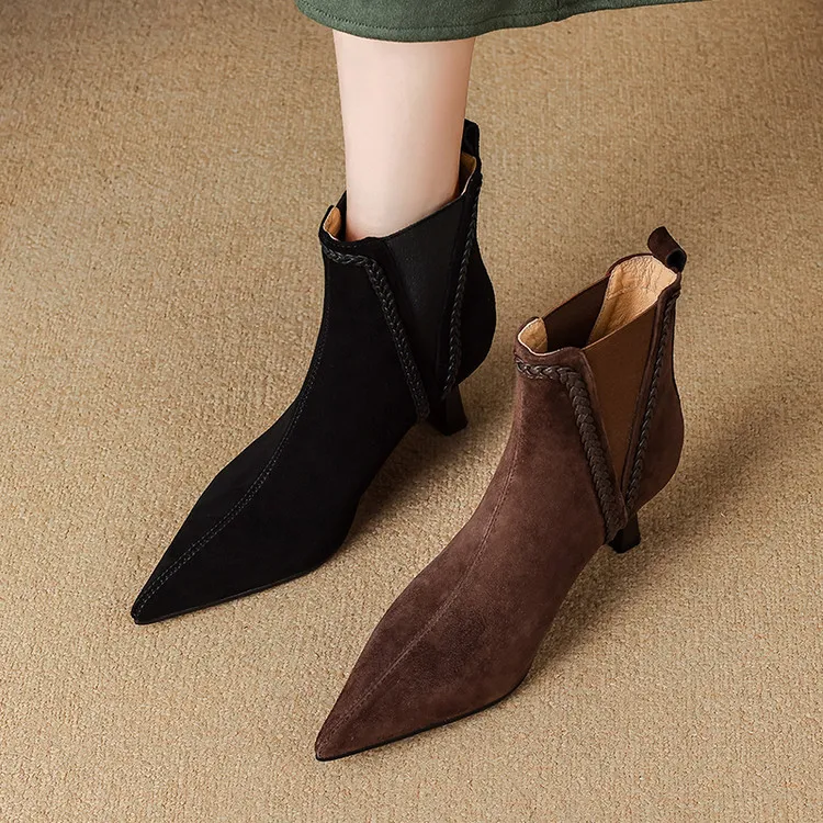 里外真皮～羊皮6.5cm尖头高跟短靴显瘦女弹力瘦瘦靴细跟时装靴短筒