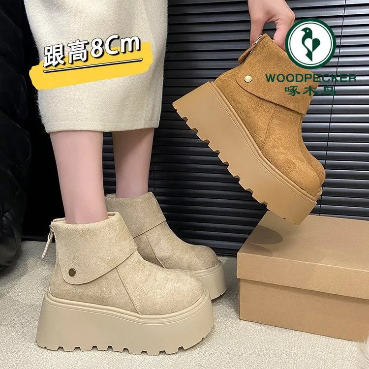 啄木鸟小个子增高翻折厚底短筒靴女2025秋冬季新款外穿勃肯鞋短靴