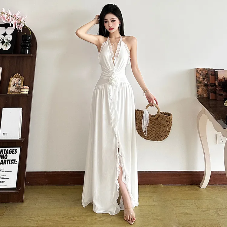 Malou 清冷感显瘦气质V领挂脖连衣裙女 法式性感长裙K25D64752