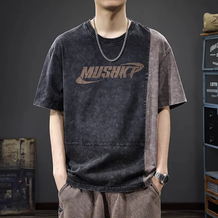 2025夏季潮牌纯棉撞色印花男士短袖t恤宽松百搭拼接圆领套头体恤