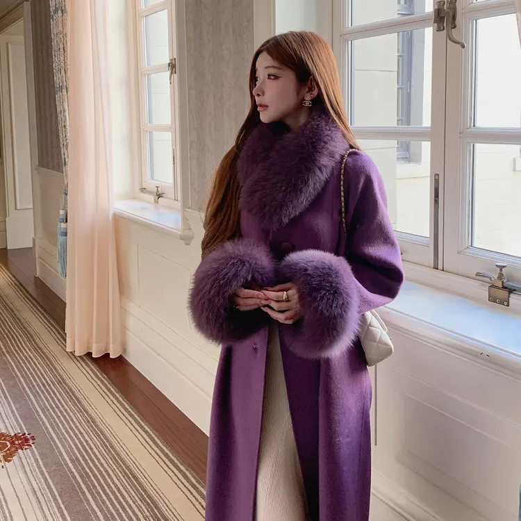 千金风时尚高级感长款毛呢外套秋冬新款修身百搭紫色毛呢大衣外套