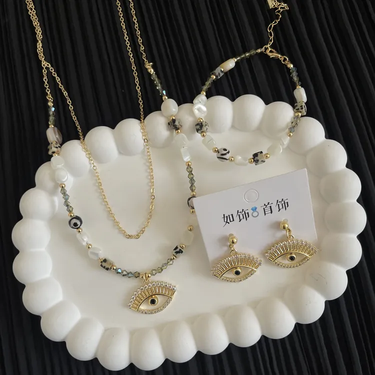 钛钢亚克力项链 如饰 恶魔之眼双层链手工三件套套装时尚欧美百搭