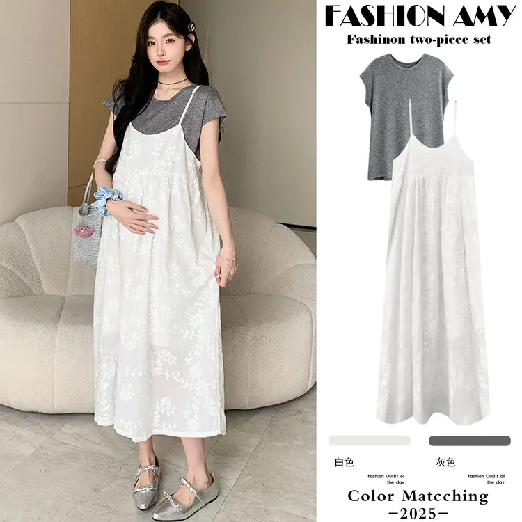 孕妇装夏装新款时尚韩版休闲短袖T恤上衣显瘦刺绣吊带连衣裙套装1