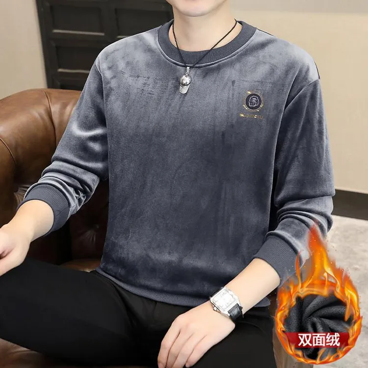 彪博加绒加厚卫衣男圆领休闲保暖内搭秋衣秋冬新款金丝绒长袖t恤