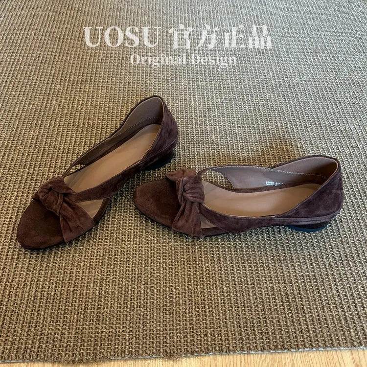 UOSU正品复古露趾扭结低跟罗马凉鞋百搭配裙子一脚蹬气质凉拖鞋女