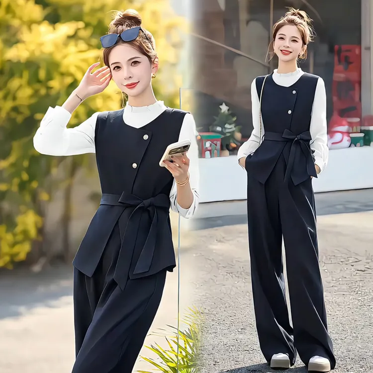 La babite时尚套装秋季新款洋气马甲法式打底衫阔腿裤气质三件套