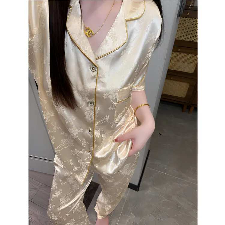 轻奢高级感国风繁花冰丝睡衣女夏季新款缎面大码套装家居服可外穿