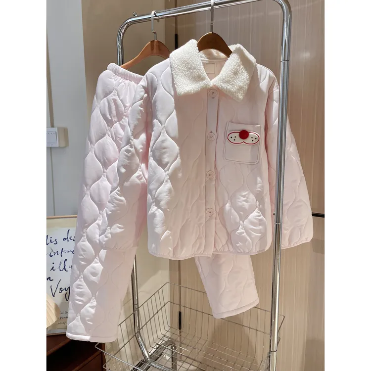 韩版粉色长袖加厚夹棉睡衣女冬季新款保暖外穿棉服棉袄居家服套装