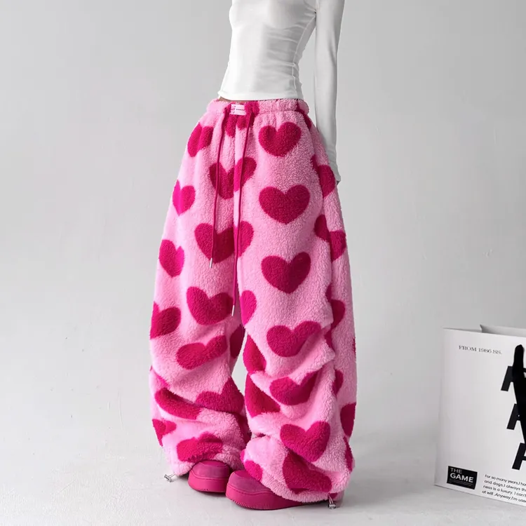 美式爱心印花摇粒绒阔腿裤女宽松时尚百搭加厚羊羔绒家居休闲卫裤