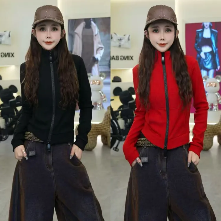 星宝定制韩版时尚立领双拉链加绒加厚卫衣外套女秋冬新款潮1385
