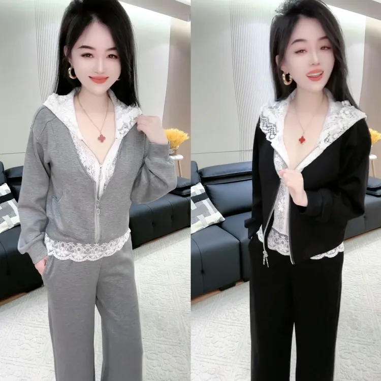 春季时尚套装连帽洋气减龄蕾丝拼接开衫卫衣直筒裤套装显瘦气质