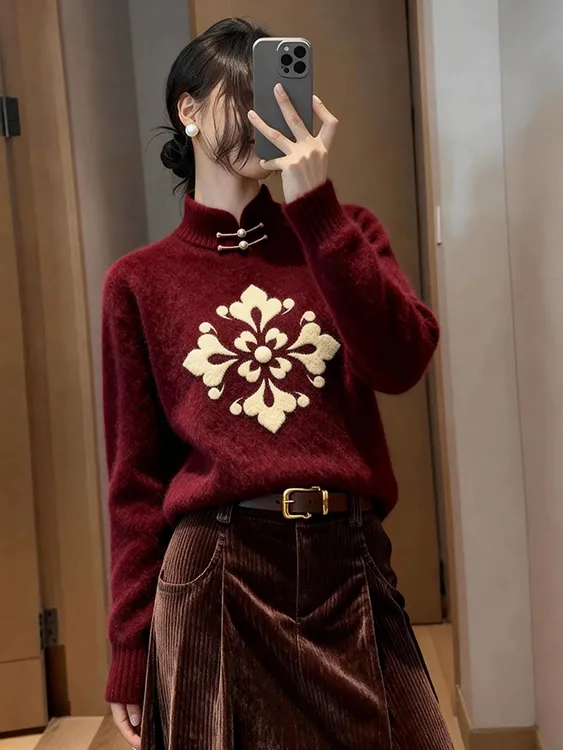 Y78新中式国风红色盘扣毛衣巨好看的重要场合漂亮气质上衣25秋