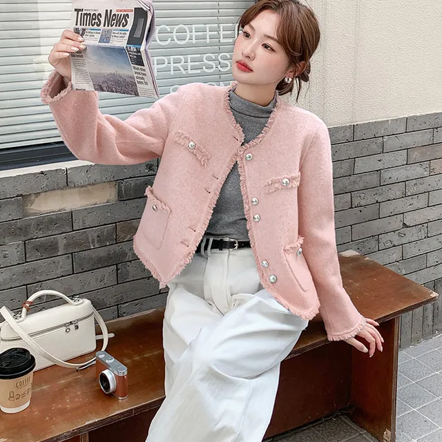 粉色甜美双面呢流苏外套女秋冬季法式小香风俏皮减龄羊毛呢子上衣