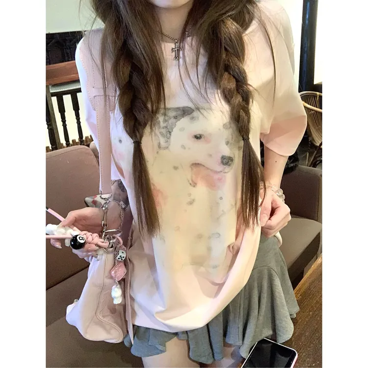 【 哒哒专属】奶油小狗 粉色圆领休闲宽松T恤慵懒百搭短袖上衣