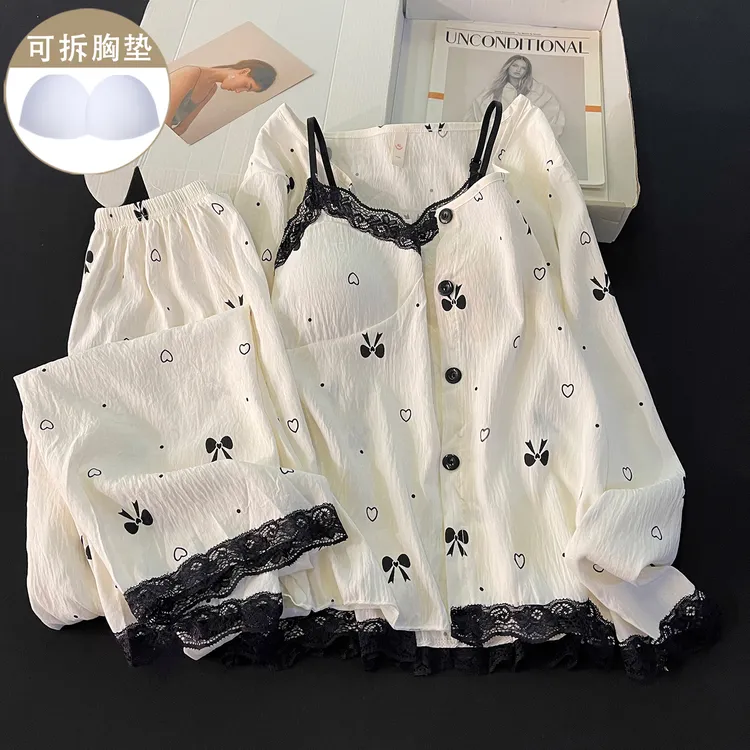 带胸垫睡衣女新款春秋季黑色蕾丝性感吊带长袖家居服宽松三件套装