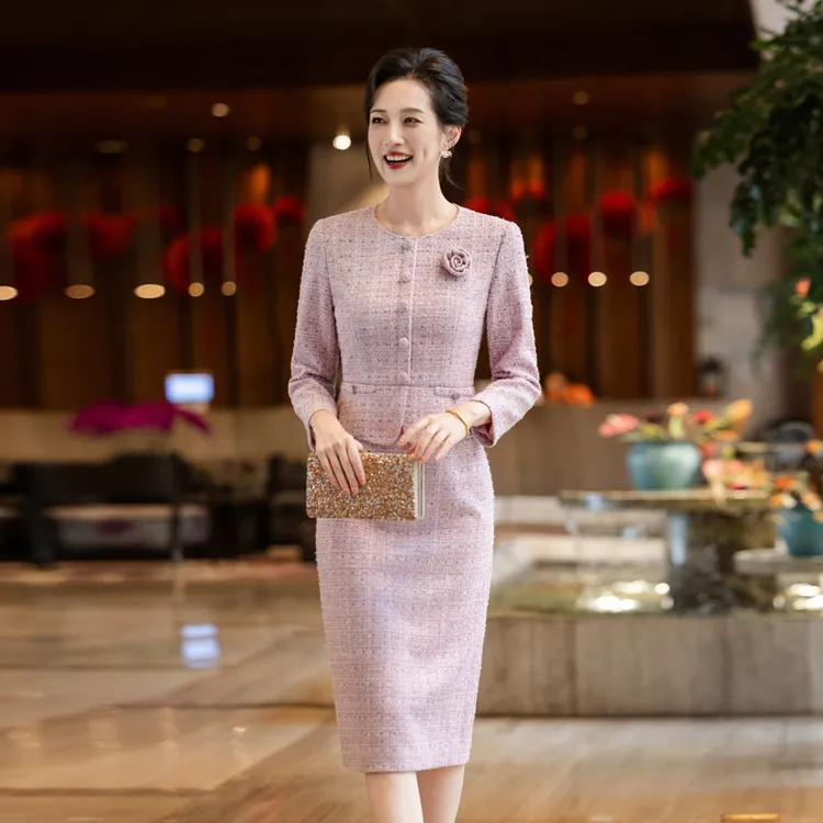 2025秋冬年轻喜妈妈礼服裙小香风荷叶边婚庆婚宴喜婆婆包臀连衣裙