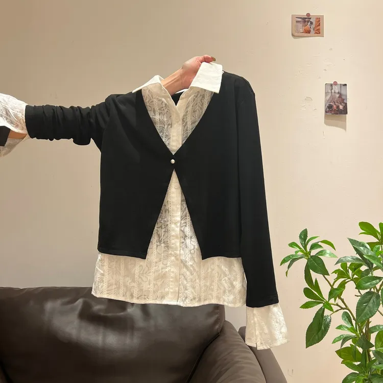 黑色假两件polo翻领拼接设计感2025秋季新款长袖开衫气质上衣女装