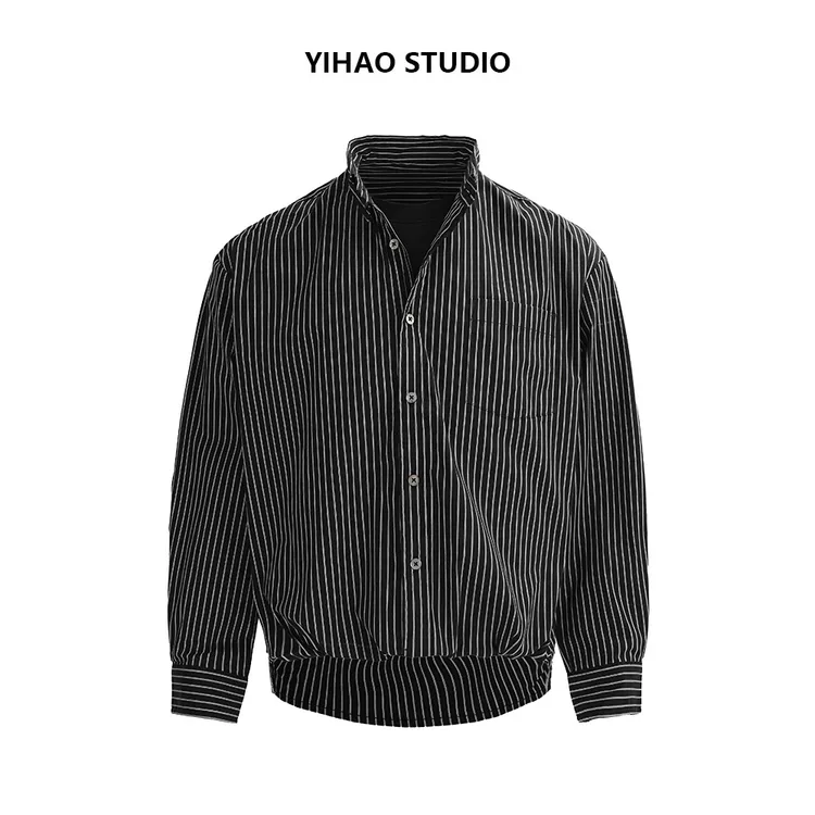 YIHAO STUDIO秋季男款假两件条纹衬衫高级休闲宽松翻领长袖衬衣