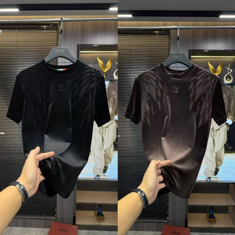 男士轻奢日常通用休闲时尚圆领秋冬网红T恤修身烫钻半袖百搭短袖