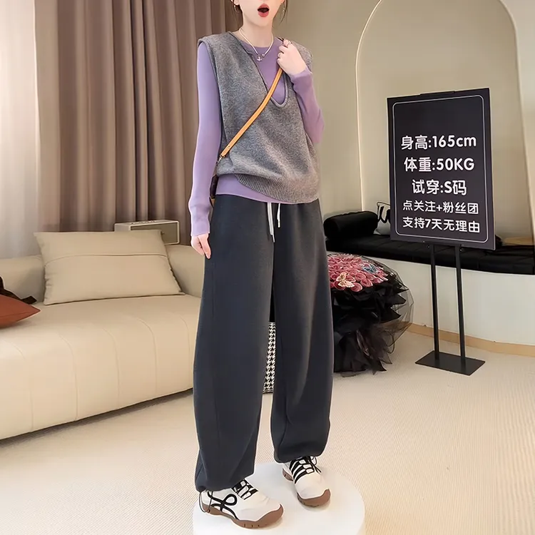 简约长袖T恤叠穿马甲针织上衣女2025春秋新款气质阔腿长裤三件套