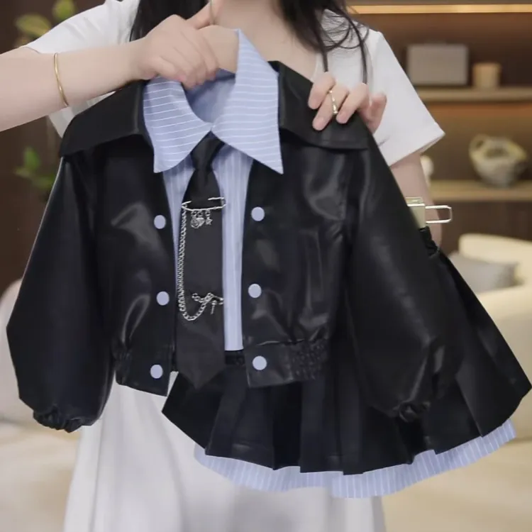 巴拉巴拉男孩女孩女童新款皮衣套装2025洋气假两件休闲夹克皮衣外