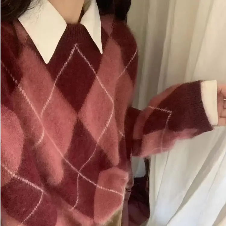 T2976「浆果慕斯」复古菱格圆领保暖毛衣