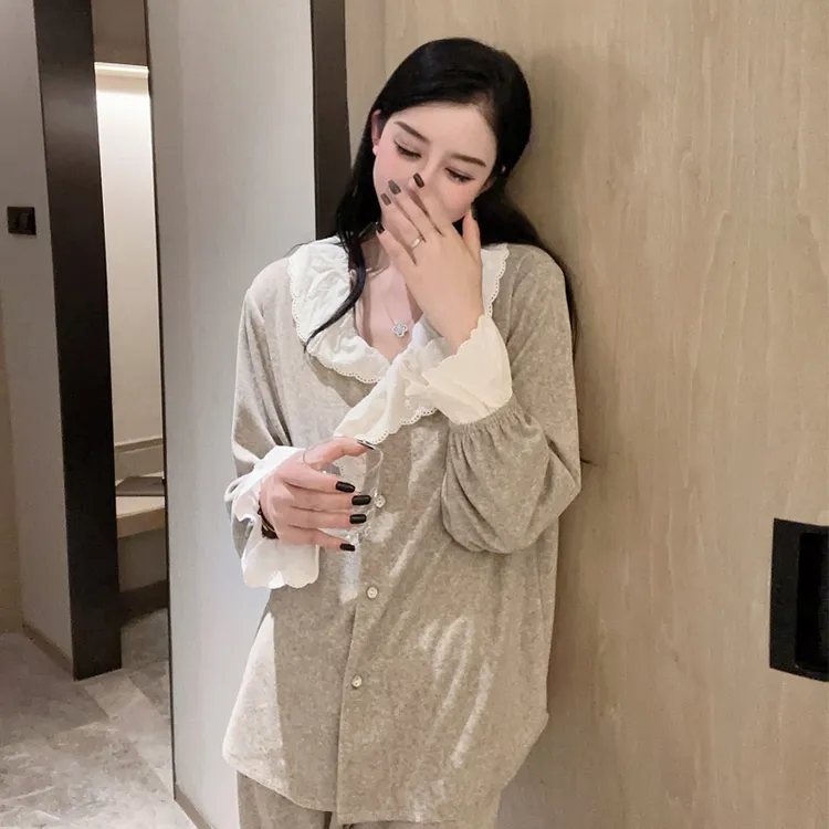 睡衣女秋冬季甜美蕾丝翻领毛巾绒公主风少女磨毛保暖家居服套装