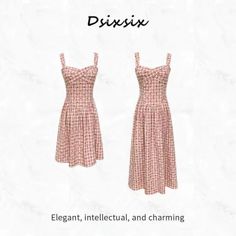 WEI BAO ER【温妮千金】夏季甜美少女风休闲简约格纹显瘦吊带连衣裙