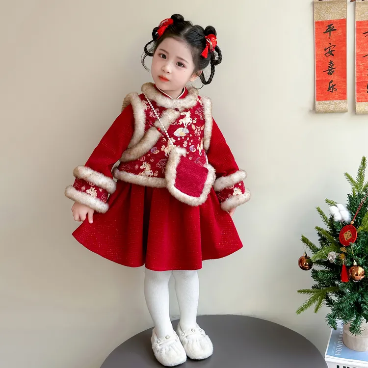 女童冬款连衣裙2025年新款中式旗袍裙子女宝宝喜庆款加棉红色年服