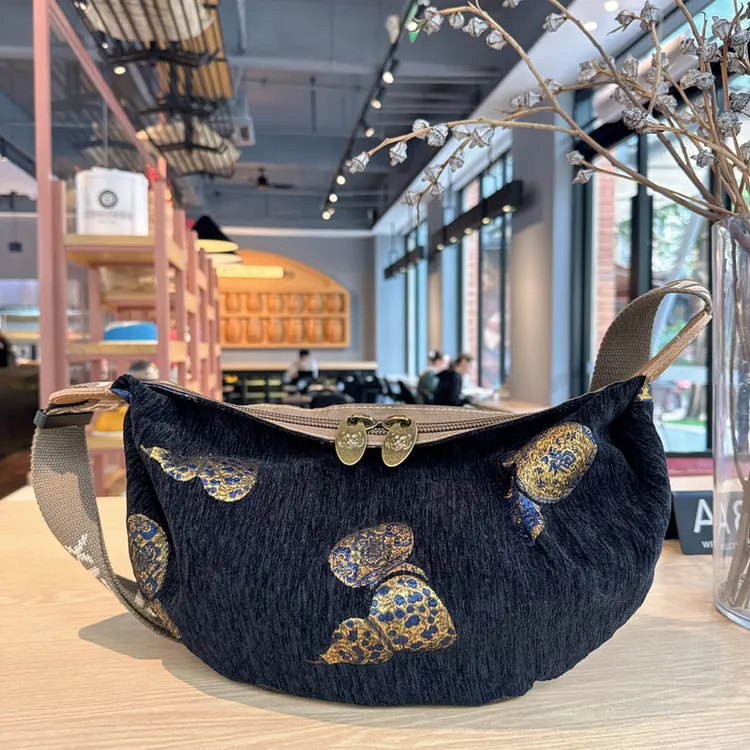 西子名姿饺子包单肩蝴蝶民族风饺子包拉链斜挎包轻便布包刺绣花