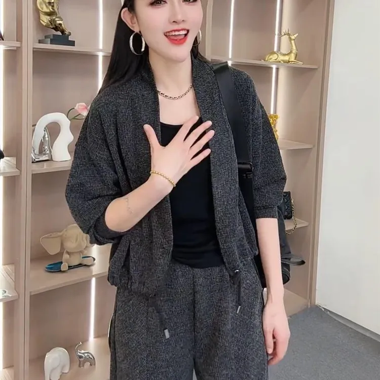 休闲运动套装女2025秋季新款时尚宽松显瘦开衫外套束脚裤两件套潮