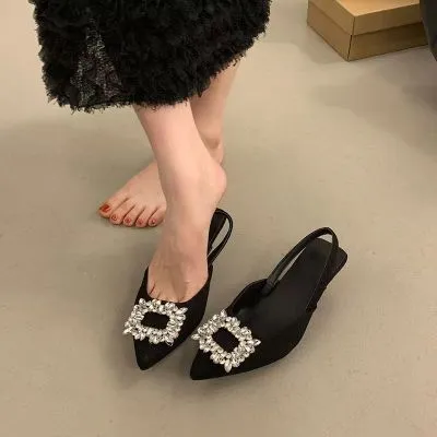 水钻方扣尖头单鞋女细中跟2024夏季新款后空包头凉鞋浅口优雅女鞋
