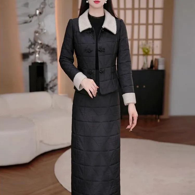 念寻衣橱秋冬新款时尚气质国风直筒套装加厚黑色棉服半身裙两件套