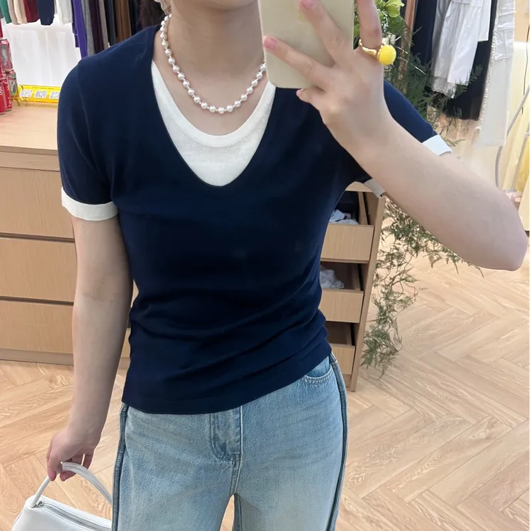 夏季减龄假两件简约时尚v领显瘦女款t恤