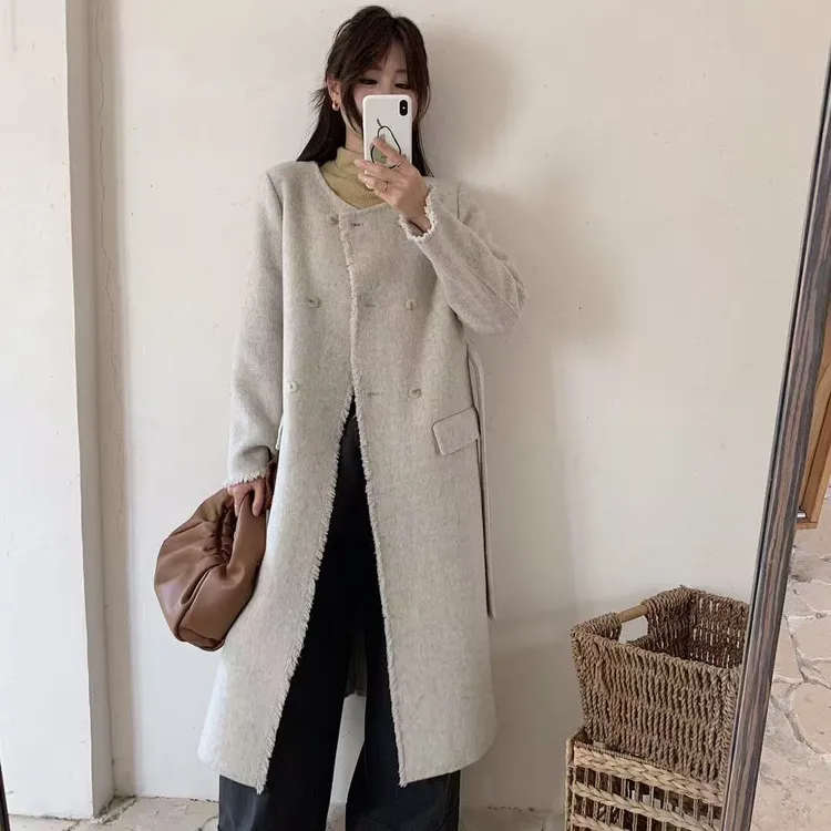 高端流苏拉毛2025秋冬新款羊毛大衣长款韩版圆领时尚气质毛呢外套