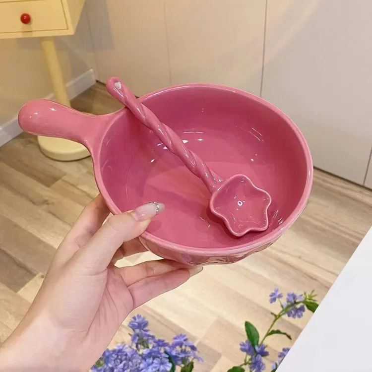 韩国ins风奶油色餐具烤碗陶瓷手柄汤碗泡面螺蛳粉家用麻花勺子TJ