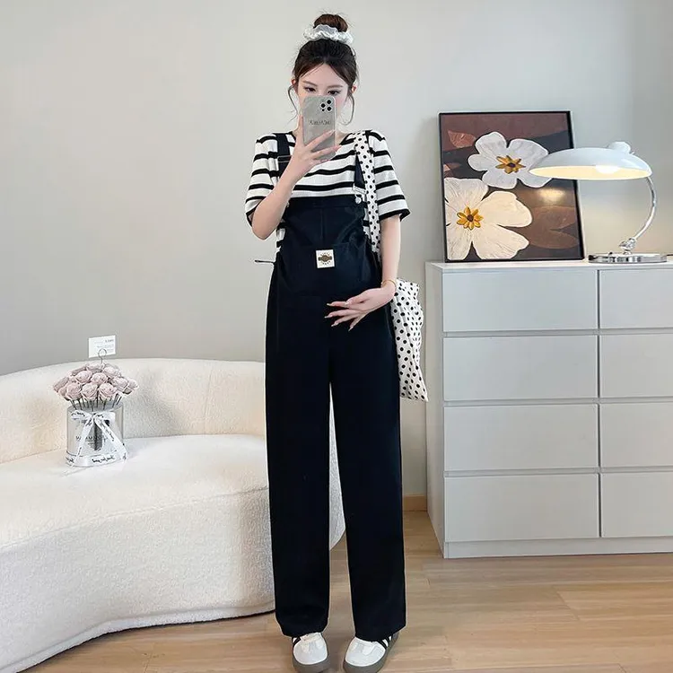 孕妇装2025春夏新款韩版简约休闲时尚网红爆款宽松简约背带裤套装