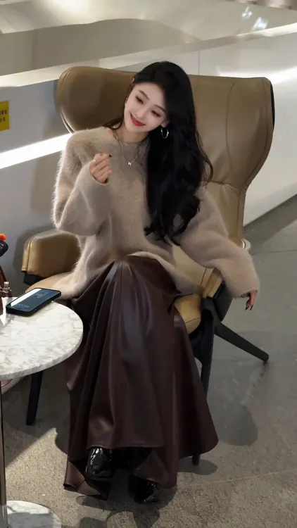 2025秋冬新款女慵懒风宽松圆领软糯毛衣高腰显瘦半身皮裙两件套装