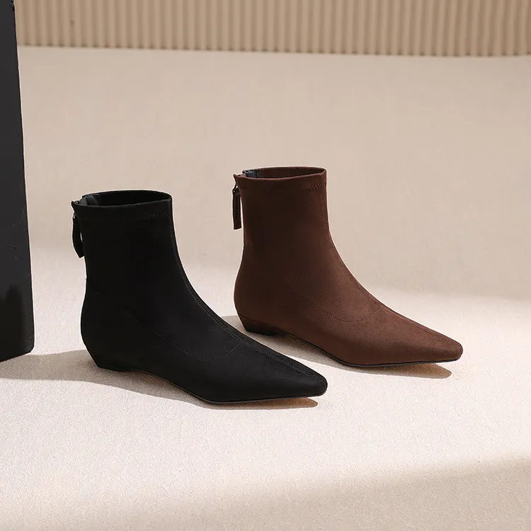 （现货）AMEINOR秋冬款尖头简约大气后拉链低跟女士真皮短靴0102