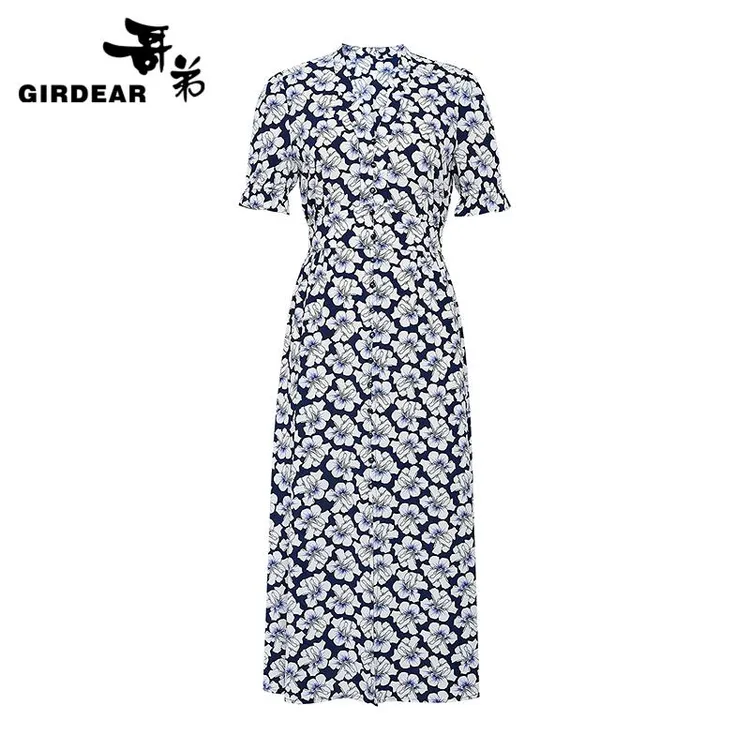 哥弟女装夏季新款气质收腰通勤显瘦v领碎花短袖连衣裙裙子150026