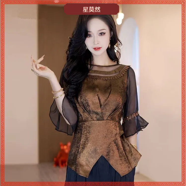 I法式轻奢小香风纯色五分袖衬衫女2025夏季新款套头圆领衬衣女II