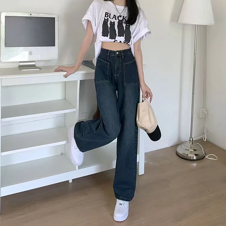 2025秋季新款复古直筒宽松显瘦小个子牛仔裤女高腰阔腿百搭牛仔裤