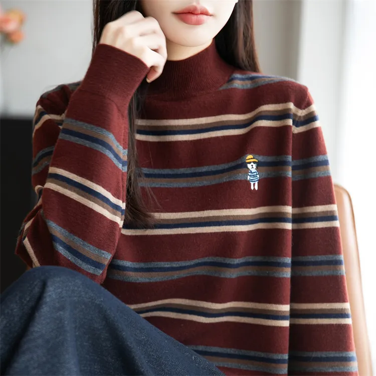 品牌撤柜正品冬季新款羊毛针织衫圆领条纹保暖上衣通勤风百搭上衣