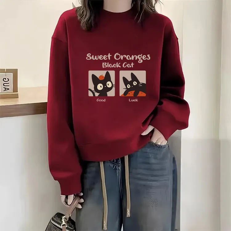 宽松胖mm大码圆领秋冬加绒加厚卫衣女设计感小众显瘦无帽外套上衣