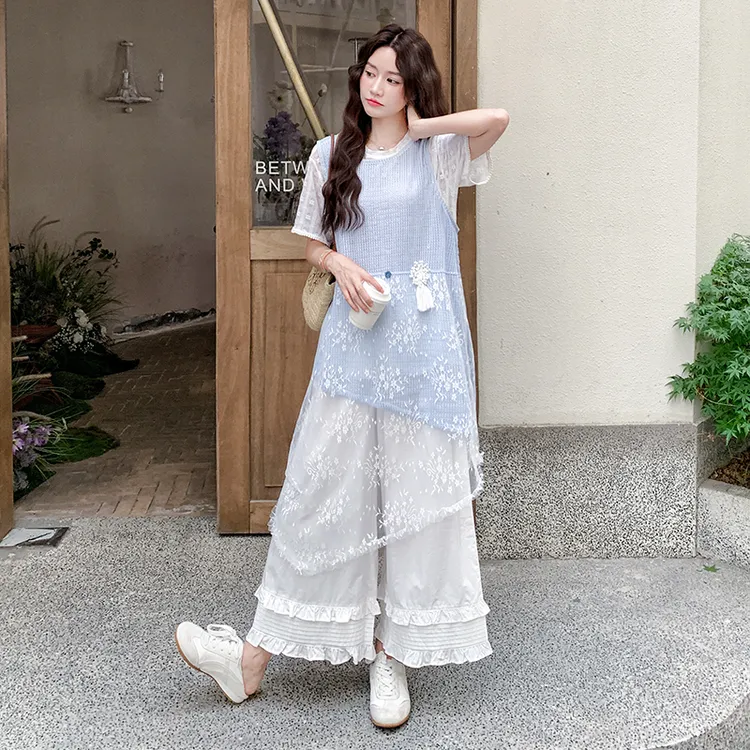 韩系甜美蕾丝拼接马甲叠穿T恤阔腿裤套装女2025夏季巨好看三件套