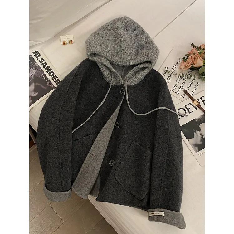 300斤秋冬韩系大码高级感双面羊毛呢子男外套气质风连帽保暖大衣2