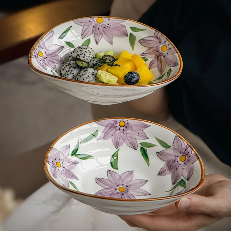 小悠家 日式手绘元宝盘特色异形浅口碗料理店前菜碗陶瓷甜品碗