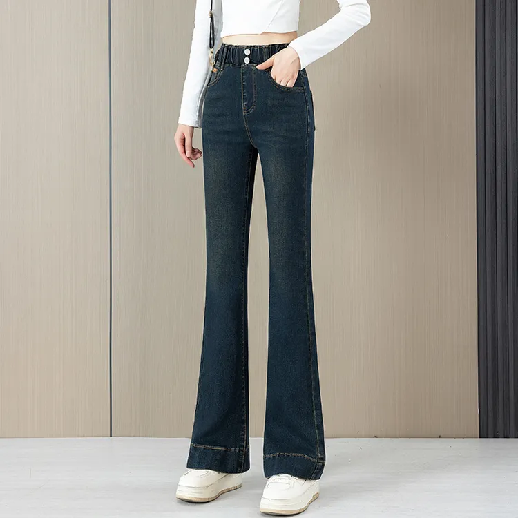喇叭裤女款爆款2025春秋显瘦新款中年妇女牛仔裤女松紧腰微喇裤子